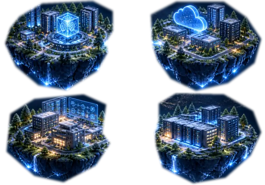 Four independently rendered modern technology islands for AI, Cloud, Digitalization and Infrastructure, connected to a rotating globe.